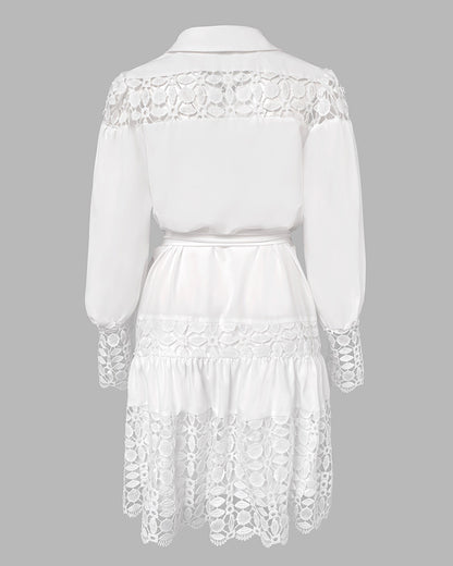 Contrast Lace Hollow Out Long Sleeve Blouse Dress Casual Tied Detail Mini Dress
