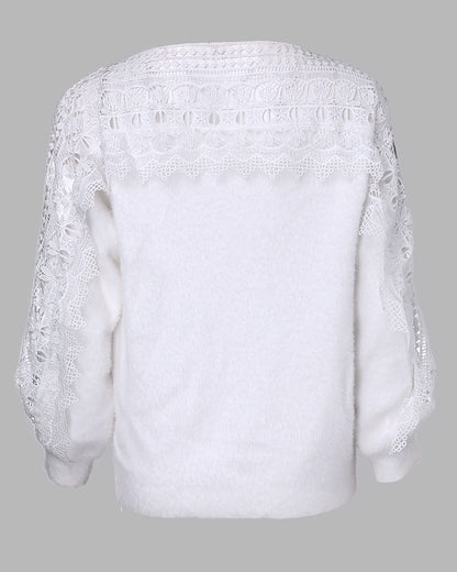 Crewneck Guipure Lace Long Sleeve Hollow Out Knit Sweaters Pullover Tops