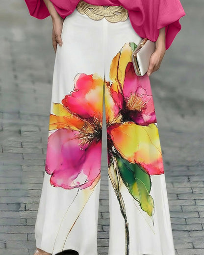 2 Pieces Outfit Skew Neck Batwing Sleeve Stretchy Hem Top and Watercolor Floral Print Zipper Fly Elastic Back Waist Wide Leg Pants Set Casual Loose Fit Set