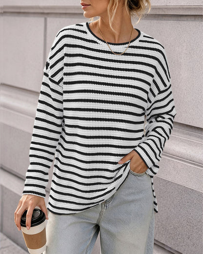 Women's Striped Textured Knit Long Sleeve T-Shirt Casual Side Slit Loose Fit Top