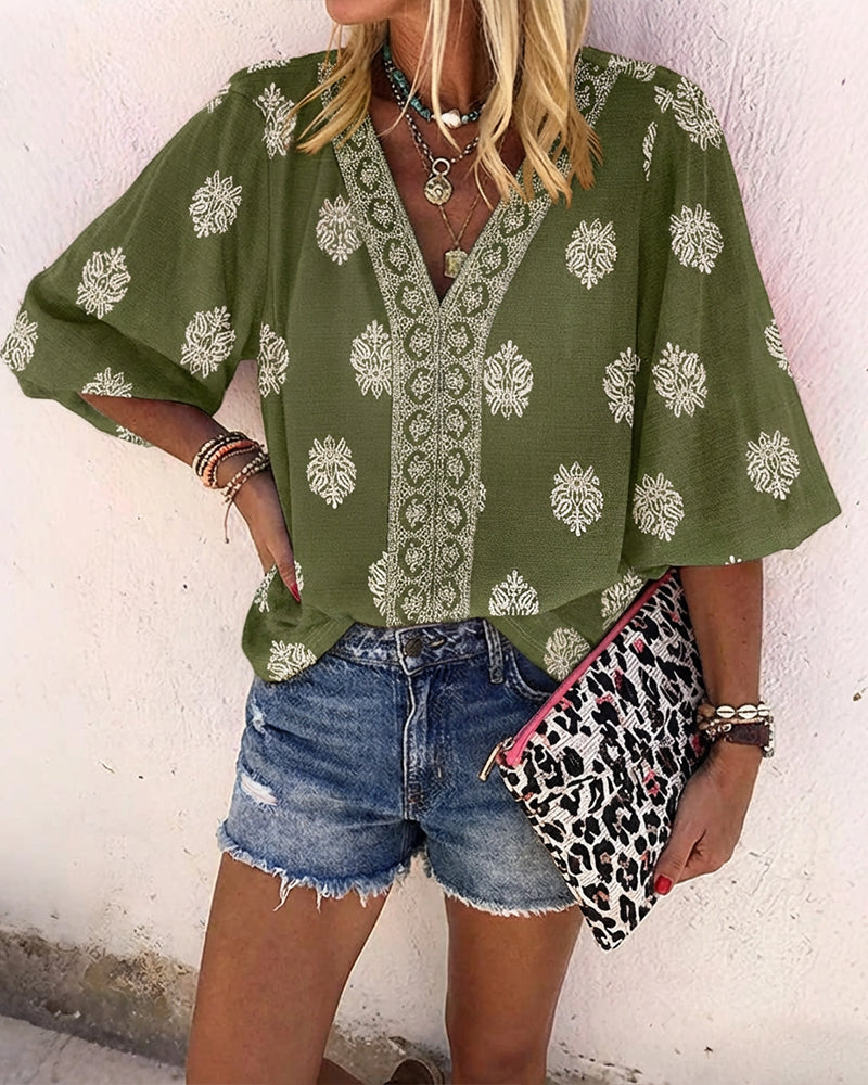 Vintage Baroque Placement Print V-Neck Lantern Sleeve Blouse Casual Long Sleeve Loose Fit Boho Top