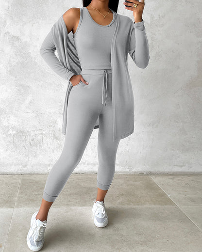 3 Piece Lounge Set Crewneck Sleeveless Tank Top Long Sleeve Open Front Coat Pants Sweatsuit