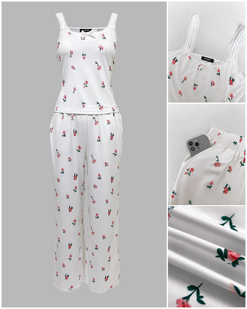 Women's Ditsy Floral Print 2 Piece Pajamas Set Lace Cami Top and Pants Casual Loungewear Bowknot Sleepwear