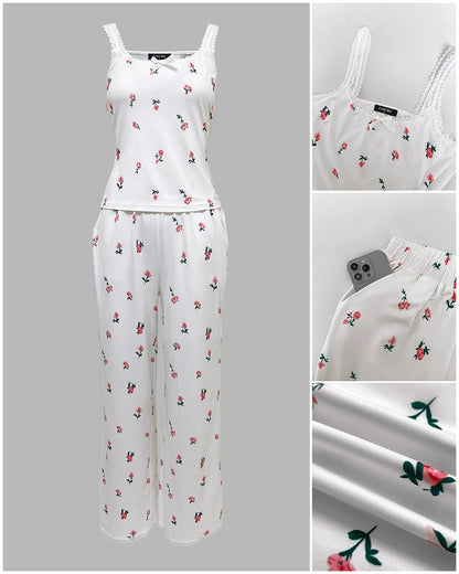 Women's Ditsy Floral Print 2 Piece Pajamas Set Lace Cami Top and Pants Casual Loungewear Bowknot Sleepwear
