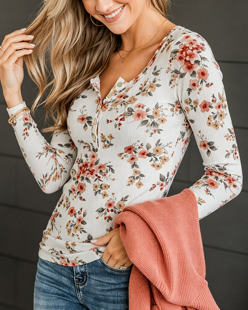 Women's Floral Print Henley Tee Ribbed Knit Slim Fit Long Sleeve Top