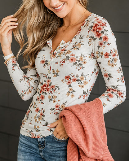 Women's Floral Print Henley Tee Ribbed Knit Slim Fit Long Sleeve Top