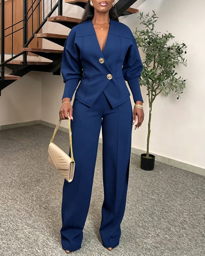 Women's 2 Piece Set V-Neck Cinched Waist Gigot Sleeve Top and High Waist Wide Leg Pants Elegant Set