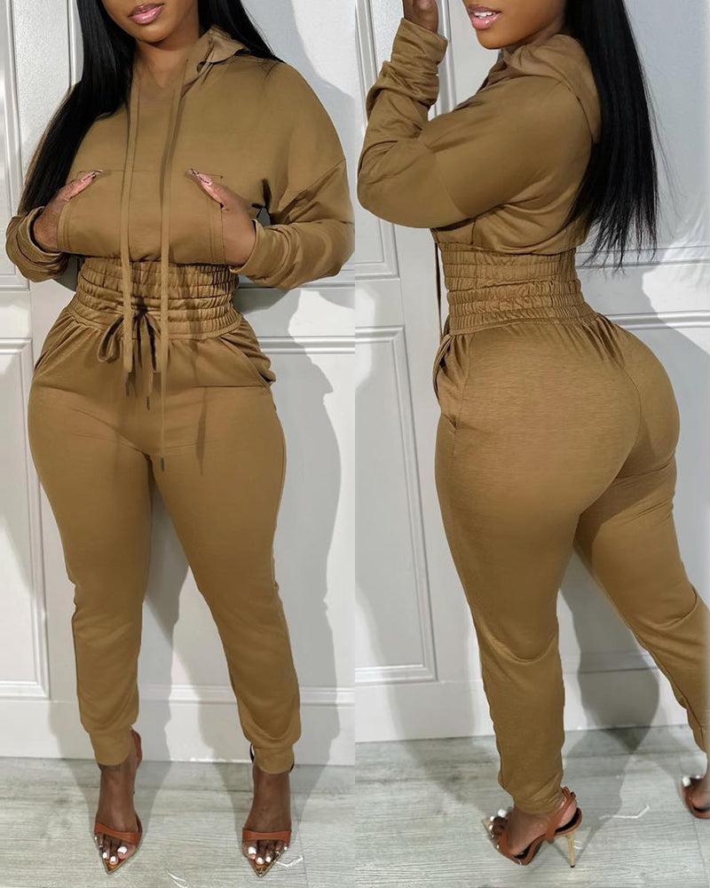 2 Pieces Outfit Drop Shoulder Kangaroo Pocket Stretchy Hem Crop Drawstring Hoodie Sweatshirt Drawstring Elastic Waist Jogger Sweatpants Casual Tracksuit