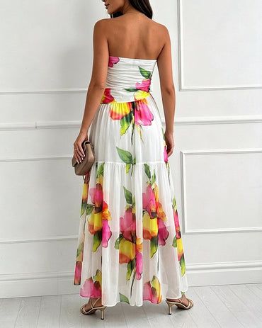 Women's Watercolor Floral Mesh Maxi Dress Tube Ruched Ruffle Hem Dress Casual Vacation Dress with Detachable Clear Straps