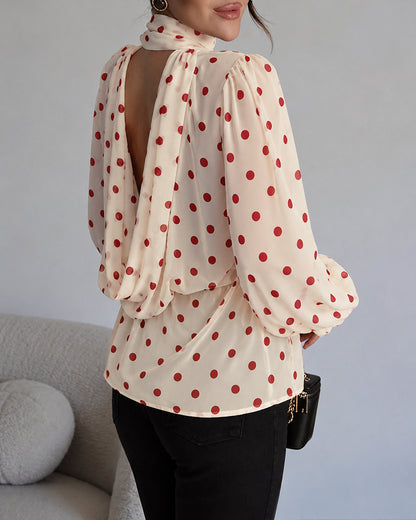 Women's Polka Dot Mock Neck Backless Chiffon Top Lantern Sleeve Blouse with Draped Tie Details