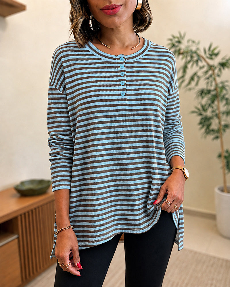 Women's Striped Henley Neck Waffle Knit Top Casual Loose Side Slit Long Sleeve Pullover