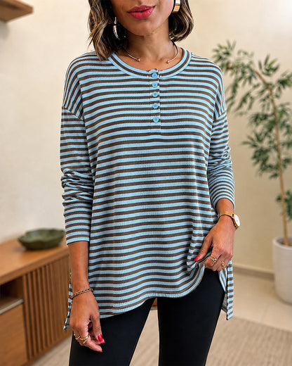 Women's Striped Henley Neck Waffle Knit Top Casual Loose Side Slit Long Sleeve Pullover