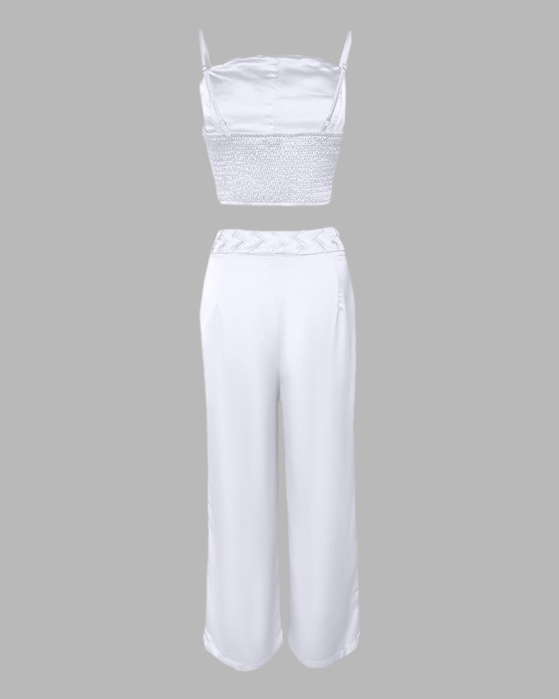 2 Pieces Outfit Weaving Textured Spaghetti Strap Crop Top and Casual Wide Leg Pants Set