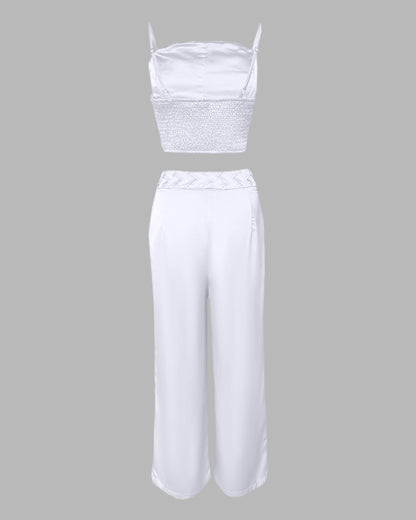 2 Pieces Outfit Weaving Textured Spaghetti Strap Crop Top and Casual Wide Leg Pants Set
