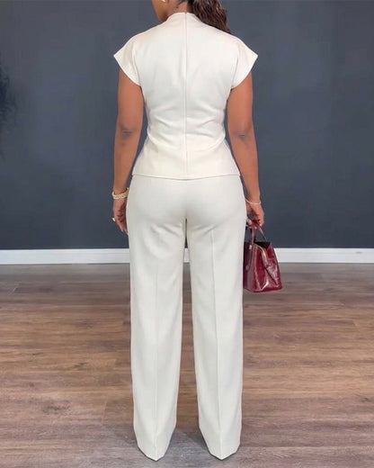 2 Pieces Outfit V-Neck Short Sleeve Twist Front Zipper Back Top and Straight Leg Pants Set Casual Commuting Set