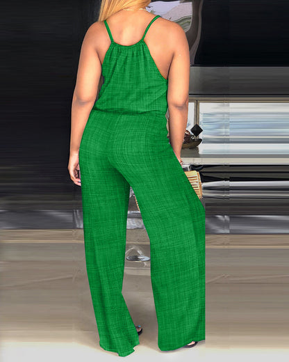 Womens Spaghetti Strap Drawstring Tied Waist Jumpsuit Casual Overalls