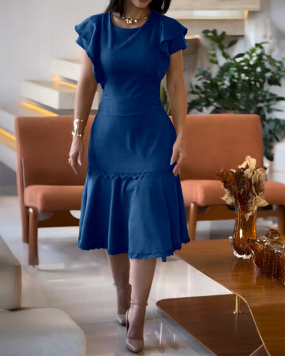 Butterfly Sleeve Hollow-out Back Shirred Work Dress Casual Cinched Waist Lace Trim Ruffle Hem Dress