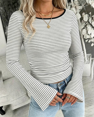 Women's French Boat Neck Striped Top Long Flare Sleeve Ribbed Knit Blouse Ruched Slim Fit Pullover