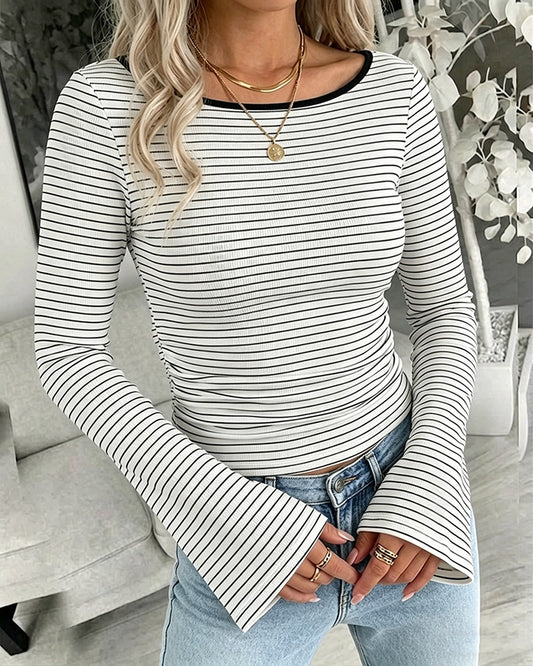 Women's French Boat Neck Striped Top Long Flare Sleeve Ribbed Knit Blouse Ruched Slim Fit Pullover