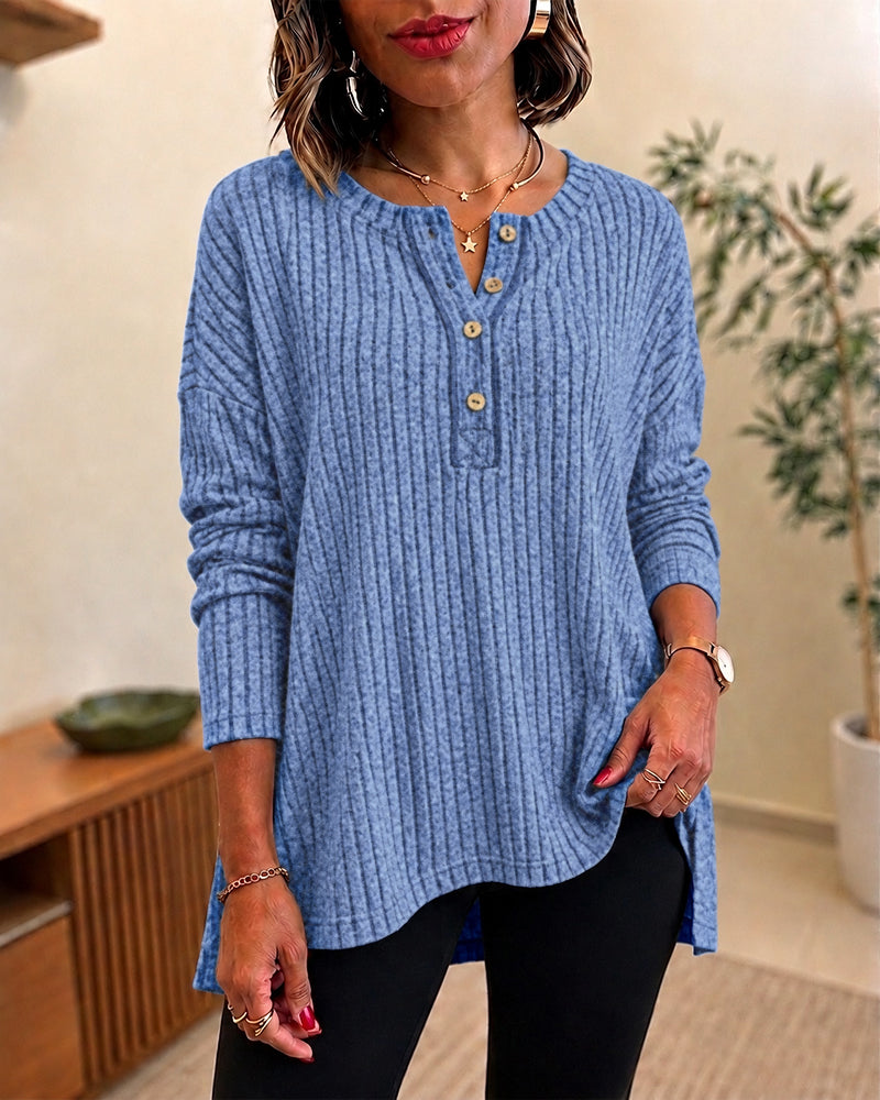 Women's Ribbed Knit Henley Neck Long Sleeve Loose Casual Top with Side Slits