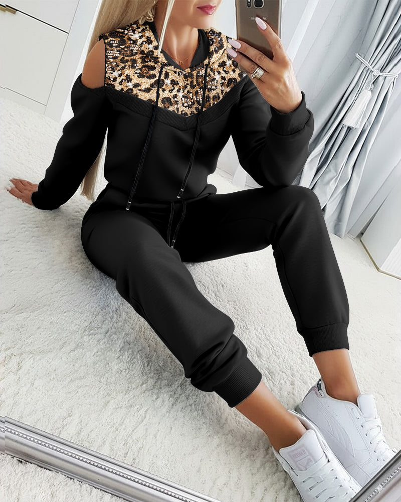 2 Pieces Outfit Sequin Decor Leopard Print Spliced Cold Shoulder Long Sleeve Drawstring Hoodie Sweatshirt Casual Drawstring Elastic Waist Jogger Sweatpants Set