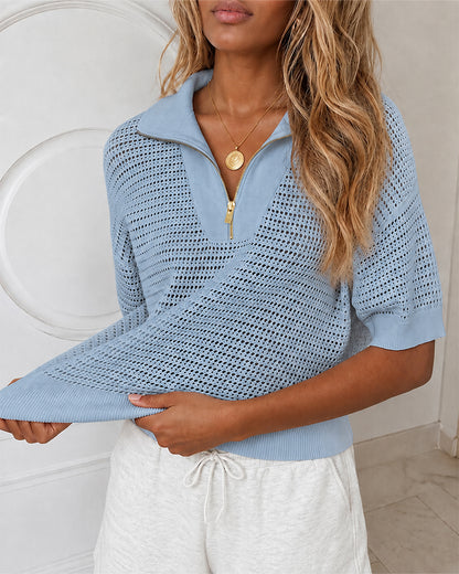 Women's Half Zip Polo Knit Top Short Sleeve Hollow-out Sweater