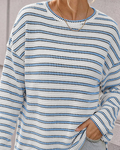Women's Striped Textured Knit Long Sleeve T-Shirt Casual Side Slit Loose Fit Top