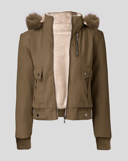 Fuzzy Trim Jacket Hooded Zip Up Fleece Lined Coat Outwear with Pockets