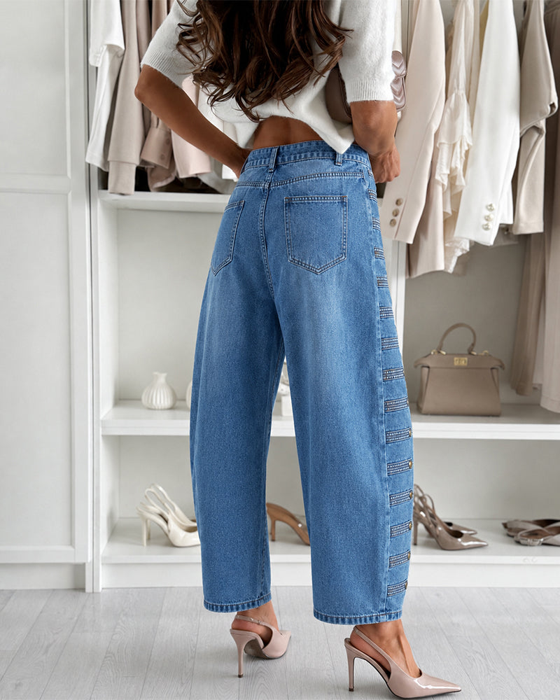 Women's Wide Leg Jeans High Waisted Side Button Denim Pants Distressed Washed Trousers Retro Y2K Streetwear