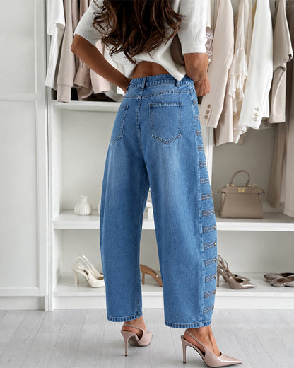 Women's Wide Leg Jeans High Waisted Side Button Denim Pants Distressed Washed Trousers Retro Y2K Streetwear