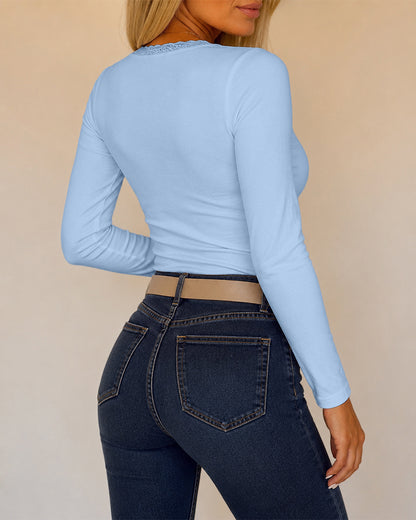 Women's Lace V Neck Ruched T Shirt Slim Fit Long Sleeve Tee Casual Elegant Top