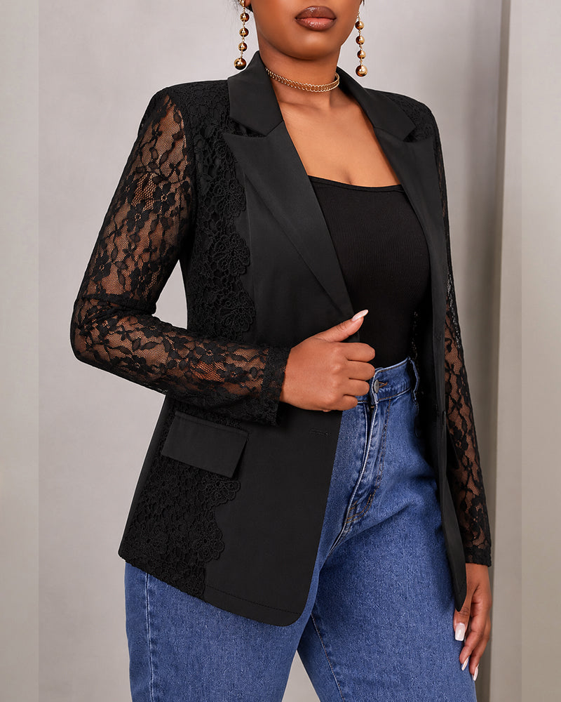 Women's Lace Patchwork Blazer Elegant Sheer Sleeve Single Breasted Coat