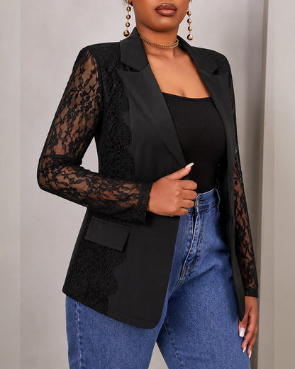 Women's Lace Patchwork Blazer Elegant Sheer Sleeve Single Breasted Coat