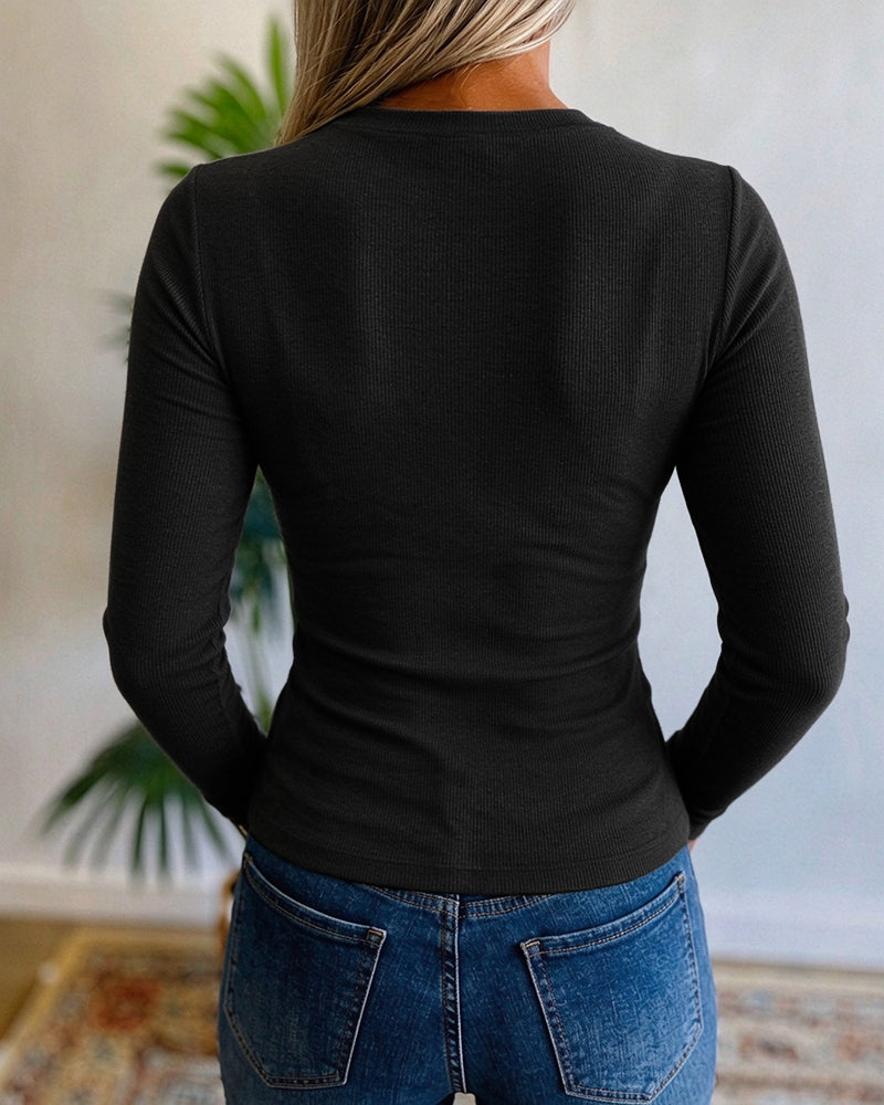 Women's Pearl Rhinestone Hollow-out Long Sleeve Ribbed Fitted Top