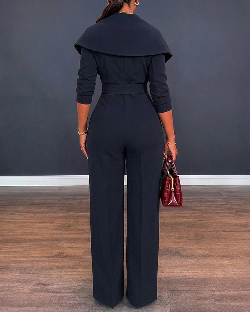 Women's Lapel Wrap V-Neck Long Sleeve High-Waist Wide-Leg Jumpsuit with Belt