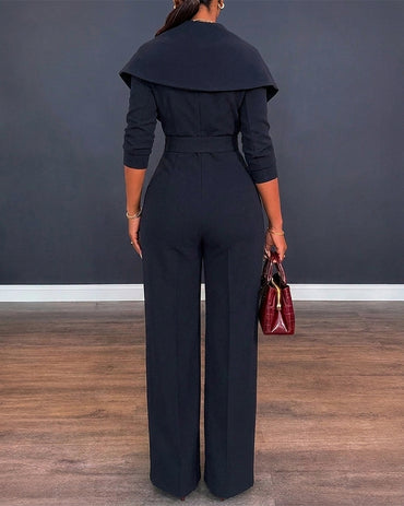 Women's Lapel Wrap V-Neck Long Sleeve High-Waist Wide-Leg Jumpsuit with Belt