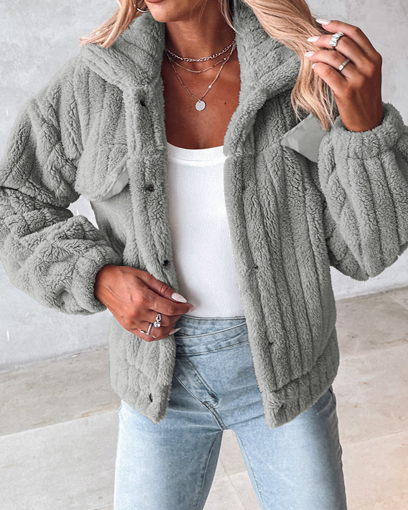 Textured Striped Turn-down Collar Button Front Elastic Cuff and Hem Teddy Fleece Jacket With Decorative Flap Pockets