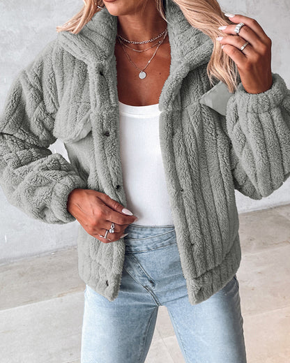 Textured Striped Turn-down Collar Button Front Elastic Cuff and Hem Teddy Fleece Jacket With Decorative Flap Pockets