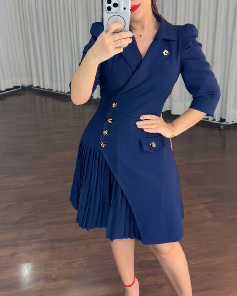 Vestido tipo blazer para mujer, con solapas de muesca, mangas abullonadas, botones laterales, bajo plisado asimétrico y corte en A; vestido profesional