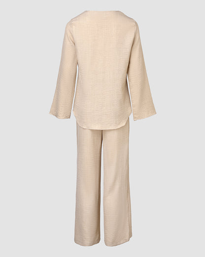 2 Piece Notch Neck Long Sleeve Asymmetrical Hem Tops Stretchy Waist Straight Leg Pants Lounge Sets Tracksuit