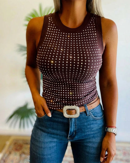 Rhinestone Decor O-neck Sleeveless Tee Slim Fit Ribbed Tank Top