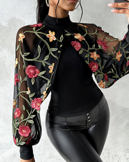 Mock Neck Floral Embroidery Cape-style Mesh Lantern Sleeve Spliced Blouse Ruched Hollow-out Back Slim Fit Top