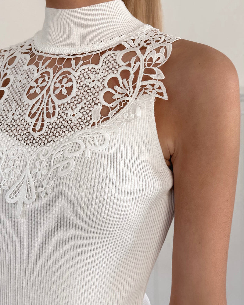 Mock Neck Sleeveless Guipure Lace Spliced Tank Slim Fit Ribbed Knit Top
