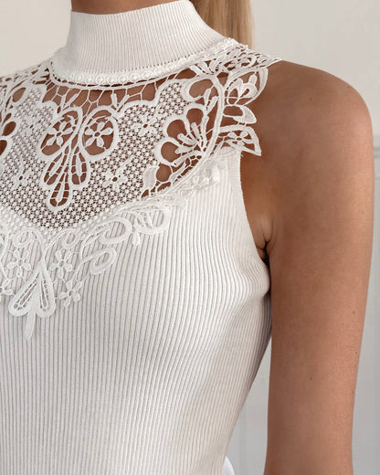Mock Neck Sleeveless Guipure Lace Spliced Tank Slim Fit Ribbed Knit Top