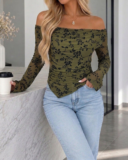 Women's Vintage Flocked Floral Sheer Mesh Convertible Shoulder Ruched Flare Sleeve Top