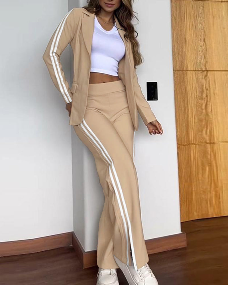 2 Pieces Outfit Notched Collar Long Sleeve Flap Detail Coat and Elastic Back Waist Side Slit Straight Leg Pants Set Casual Contrast Side Striped Blazer Set