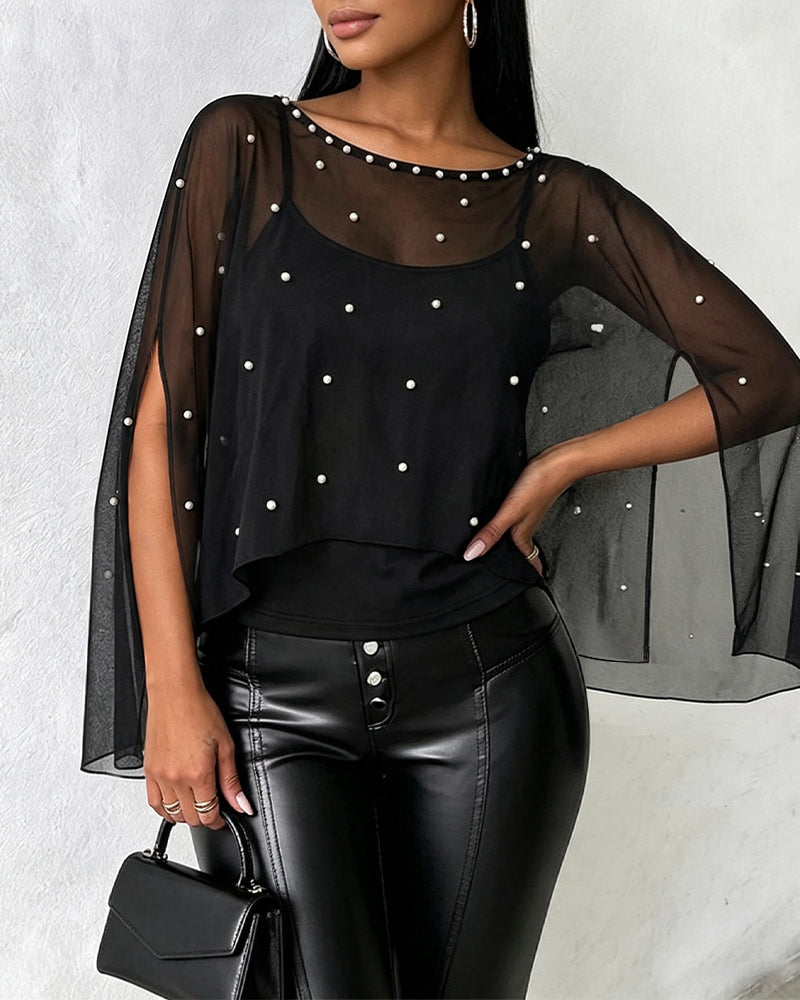 Women's 2 Piece Set Split Sleeve Pearl Sheer Chiffon Cape Top with Cami Top