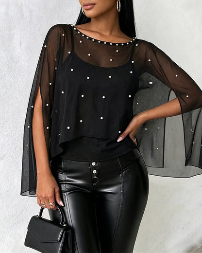 Women's 2 Piece Set Split Sleeve Pearl Sheer Chiffon Cape Top with Cami Top