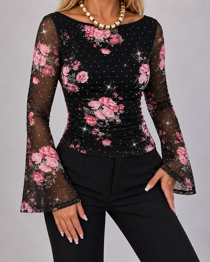 Women's Floral Rhinestone Sheer Mesh Boat Neck Ruched Flare Sleeve Top