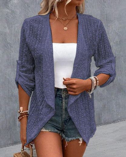 Eyelet Embroidery Turn-Up Sleeves Open Front Coat